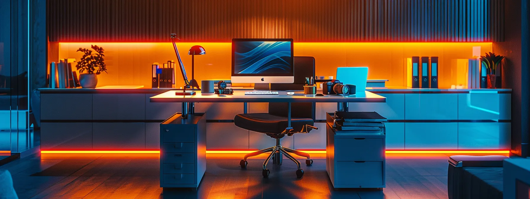 What Is a Bill of Materials (BOM): Key Components Explained 14 a sleek, modern office interior showcases a futuristic workspace, featuring a minimalist desk with a high-tech computer and ambient led lighting that casts a warm glow, emphasizing innovation and productivity.