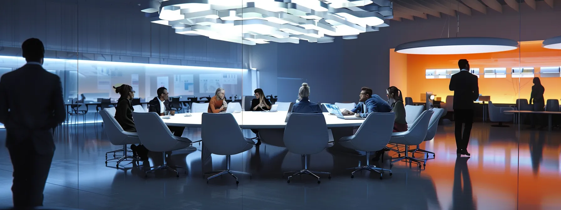 What Is a Bill of Materials (BOM): Key Components Explained 13 a sleek, modern office interior showcases a vibrant brainstorming session, with a round glass table surrounded by diverse professionals engaged in dynamic discussion, illuminated by striking, angular pendant lights that enhance the energetic atmosphere.