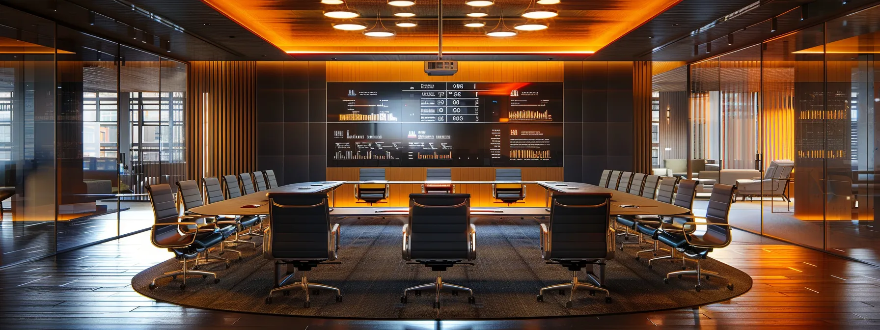 a sleek modern office space, illuminated by warm ambient lighting, features a large conference table surrounded by high-backed chairs and a vibrant digital screen displaying dynamic business analytics.