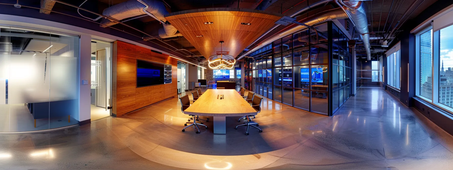 What Is a Build Server? A Simple Overview 10 a sleek, modern office space showcases a large conference table surrounded by vibrant, futuristic technology, emphasizing collaboration and innovation in a professional environment.