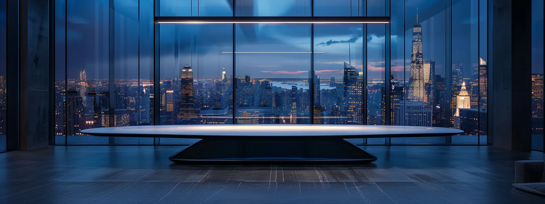 What Is a SAN? A Comprehensive Storage Area Network Overview 13 a sleek, modern office space featuring a polished conference table illuminated by overhead spotlights, with an impressive panoramic view of a bustling city skyline through expansive glass windows.