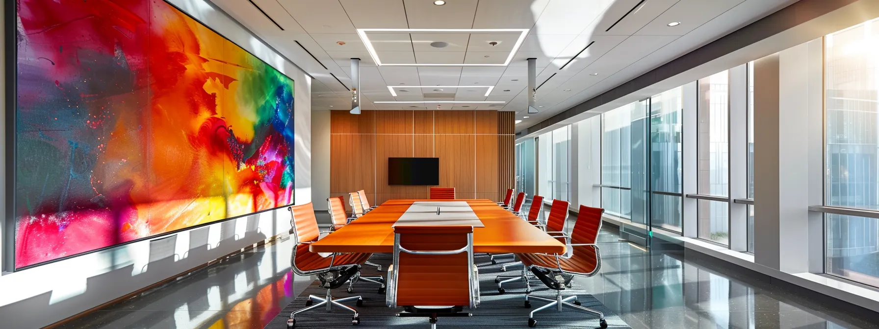 What Is a Bill of Materials (BOM): Key Components Explained 10 a sleek, modern office space with vibrant abstract artwork on the walls, illuminated by dynamic overhead lighting that casts striking shadows across a polished conference table filled with high-tech devices, exuding an atmosphere of innovation and collaboration.
