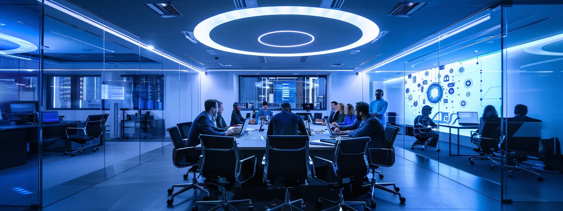 a sleek, modern office space illuminated by dynamic led lights showcases a team of professionals engaged in an animated brainstorming session around a high-tech conference table filled with digital devices and interactive displays.