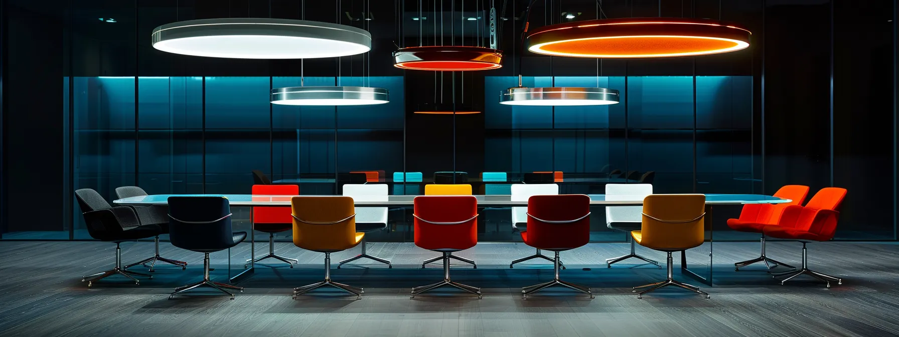 What Is a SAN? A Comprehensive Storage Area Network Overview 11 a sleek, modern office space features a prominent glass conference table surrounded by bold, colorful chairs, illuminated by sophisticated pendant lights casting a dynamic ambiance, highlighting the collaborative spirit of a corporate meeting.