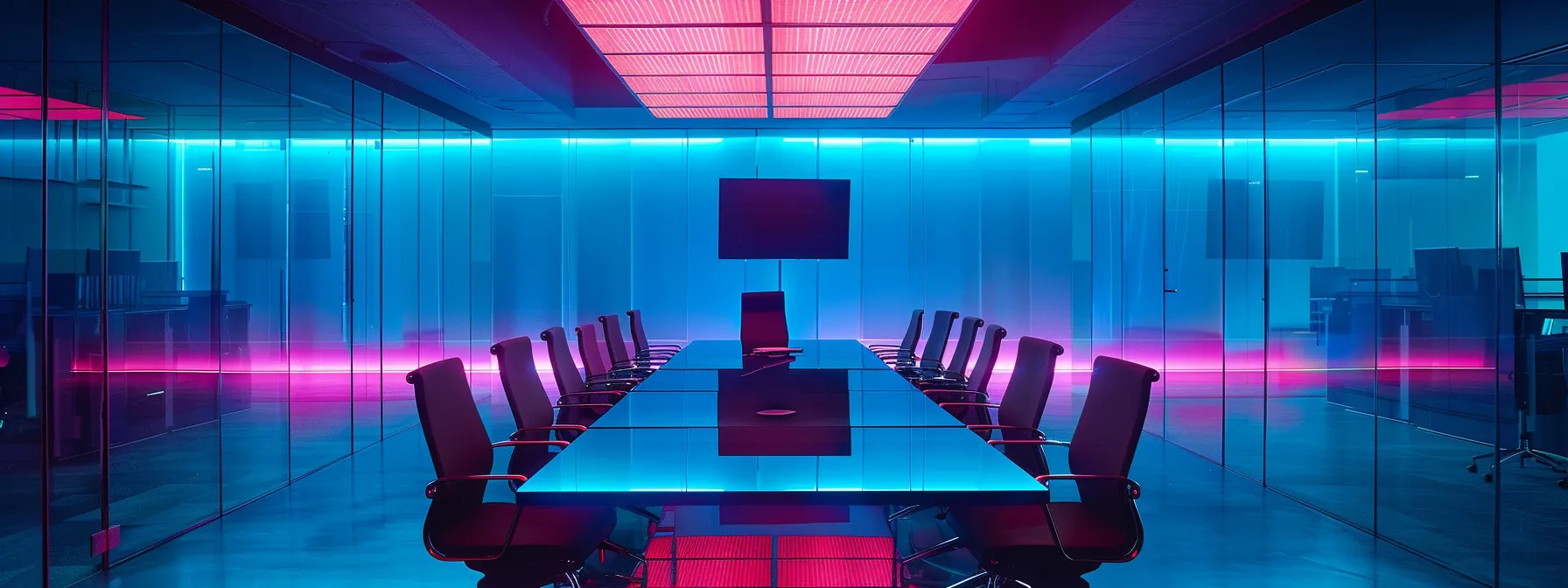 The Impact of IT Thought Leaders on the Future Workplace 10 a sleek, modern office space with minimalist design, featuring a large glass conference table surrounded by ergonomic chairs, illuminated by vibrant overhead lighting that emphasizes productivity and collaboration.