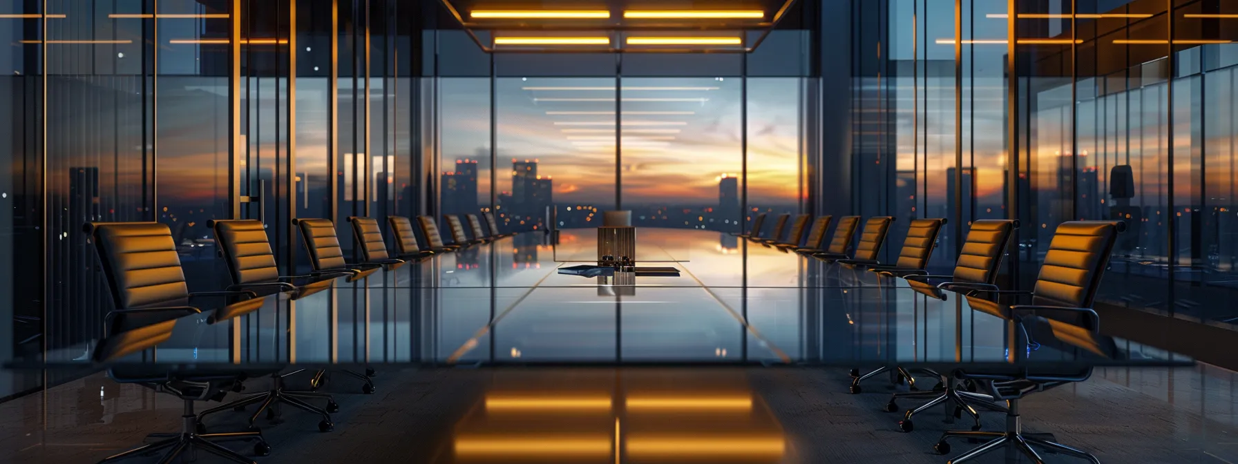 Understanding What a Business Intelligence Dashboard Is 9 a sleek, modern office space features a large glass conference table surrounded by high-backed ergonomic chairs, illuminated by ambient led lighting that casts a welcoming glow, emphasizing a sense of collaboration and innovation.