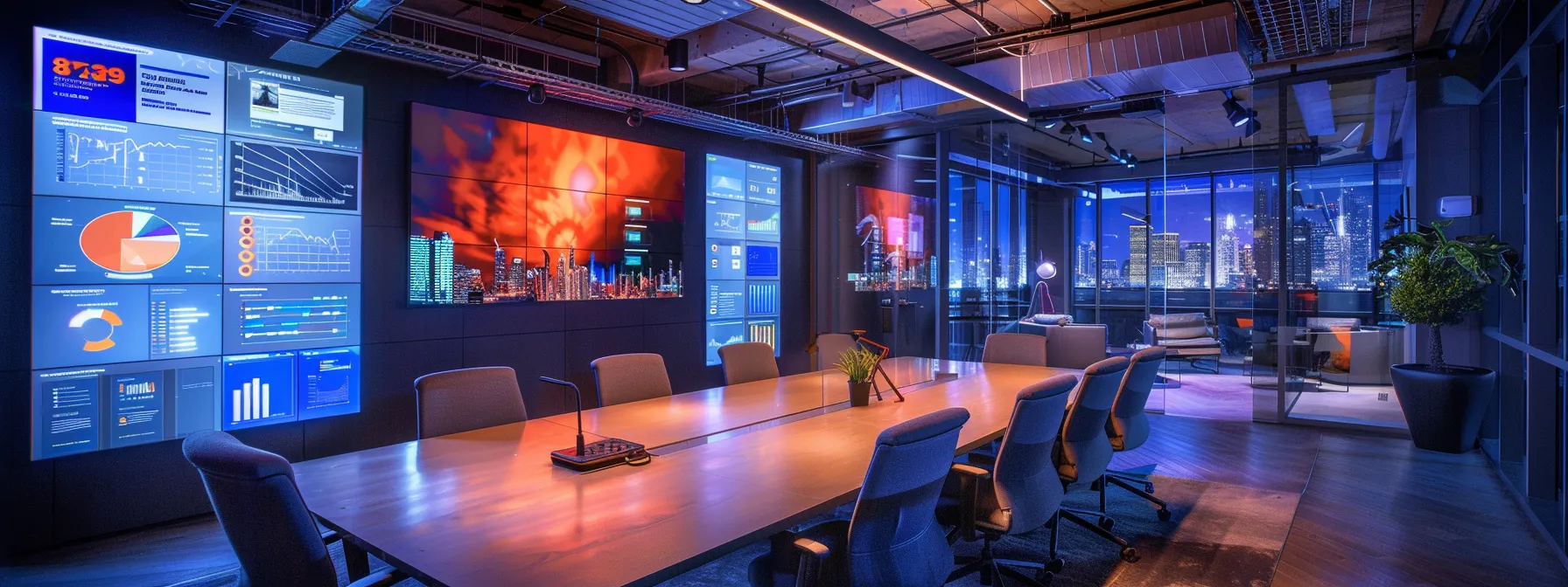 What Is Bluesky? Unpacking Its Functionality and Benefits 14 a sleek, modern office space filled with vibrant digital screens, showcasing intricate data analytics on a glossy conference table under sharp, focused artificial lighting.