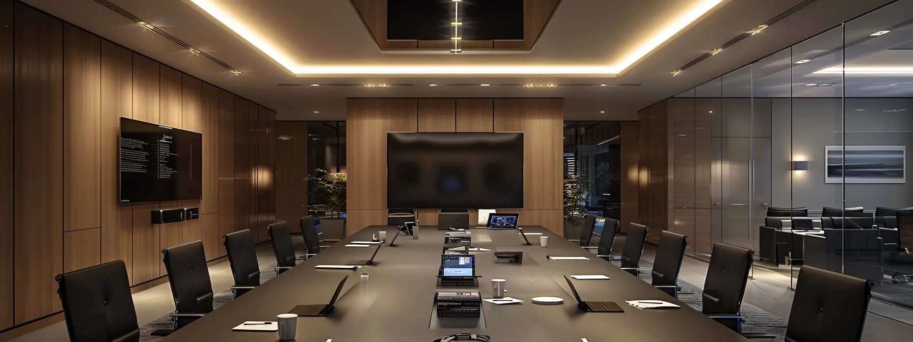 Unpacking What Is Business Process Modeling for Businesses 11 a sleek, modern office space showcases an array of high-tech devices arranged on a polished conference table, illuminated by sharp overhead lighting that emphasizes the intricate details of the technology.