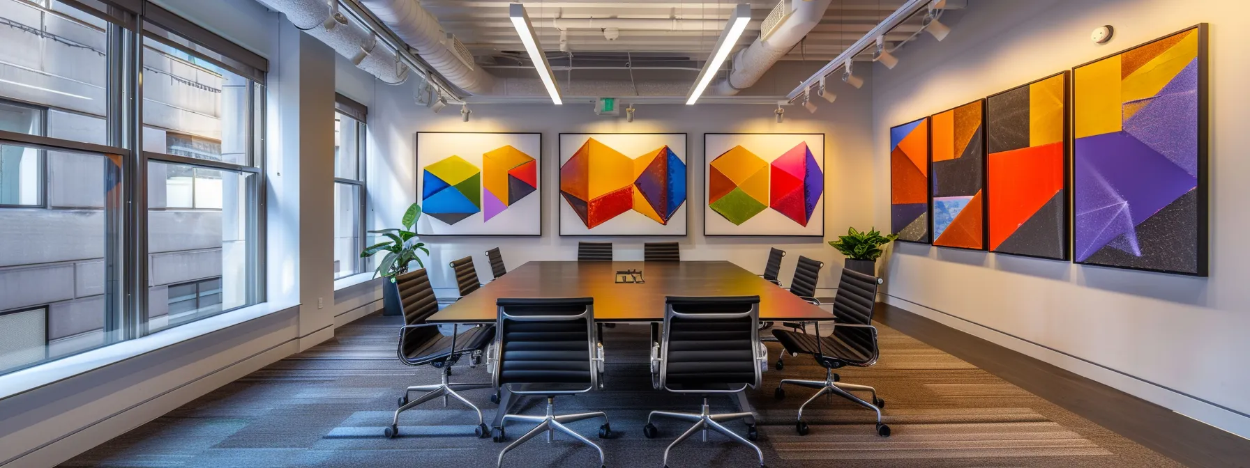 a sleek, modern office space with vibrant, abstract artwork on the walls and a minimalist conference table illuminated by soft, overhead lighting, conveying a sense of innovation and collaboration.