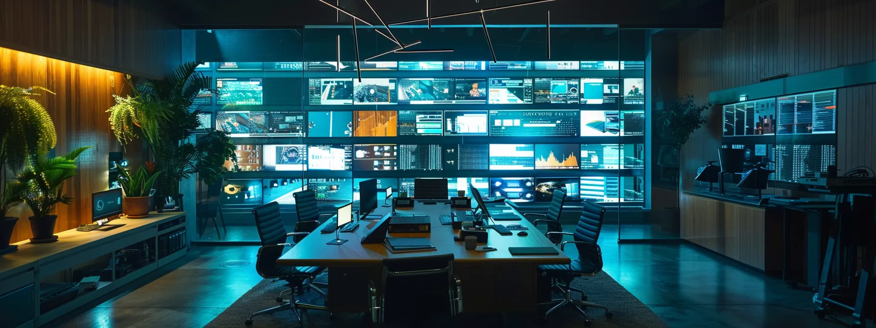 Learn What Is a Block Cipher and Its Applications 10 a sleek, modern office space is illuminated by soft, ambient lighting, showcasing a central conference table surrounded by innovative tech gadgets and vibrant digital screens displaying collaborative designs.
