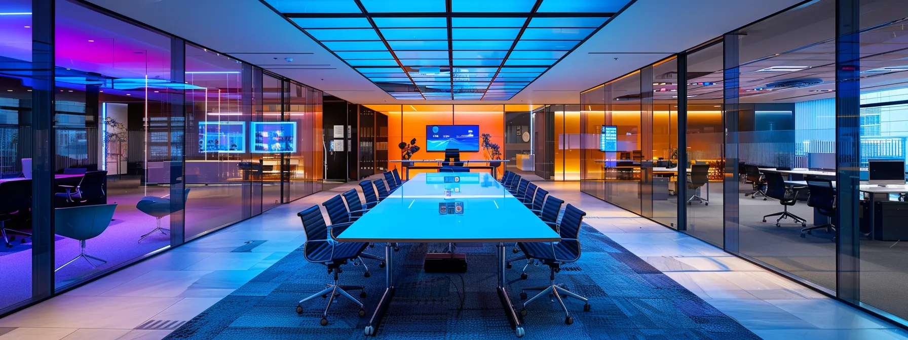 a sleek, modern office space showcases a diverse team engaged in a dynamic brainstorming session around a glass conference table, illuminated by vibrant overhead lighting that highlights their focused expressions and innovative ideas.
