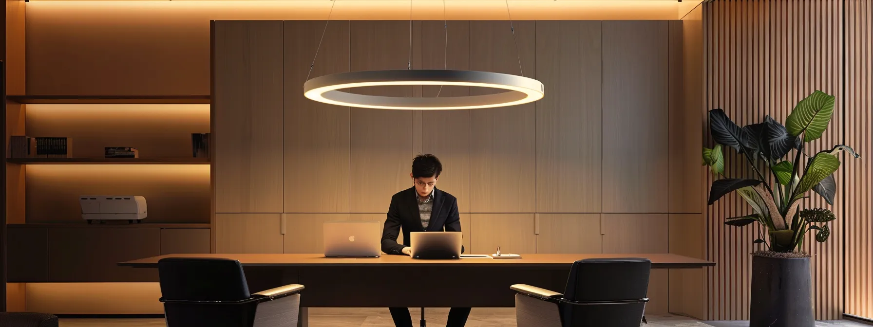 What Is the Bullwhip Effect? A Guide for Professionals 12 a sleek, modern office space bathed in warm, ambient light showcases a focused professional seated at a minimalist desk, engaged in deep thought as they gaze intently at a glowing laptop screen.