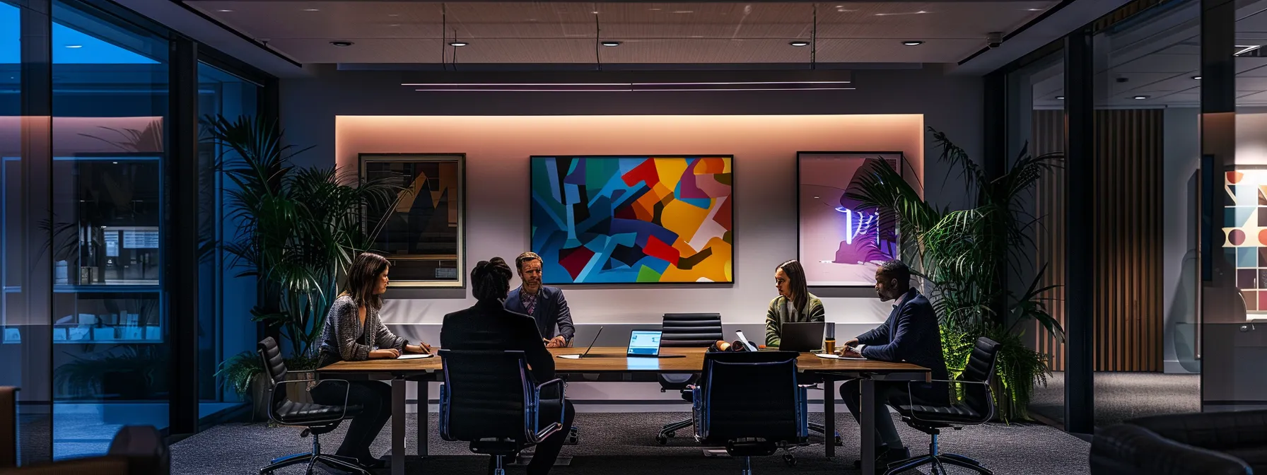 a sleek, modern office space illuminated by warm artificial lighting showcases a diverse team engaged in a dynamic brainstorming session around a polished conference table, walls adorned with inspiring art.