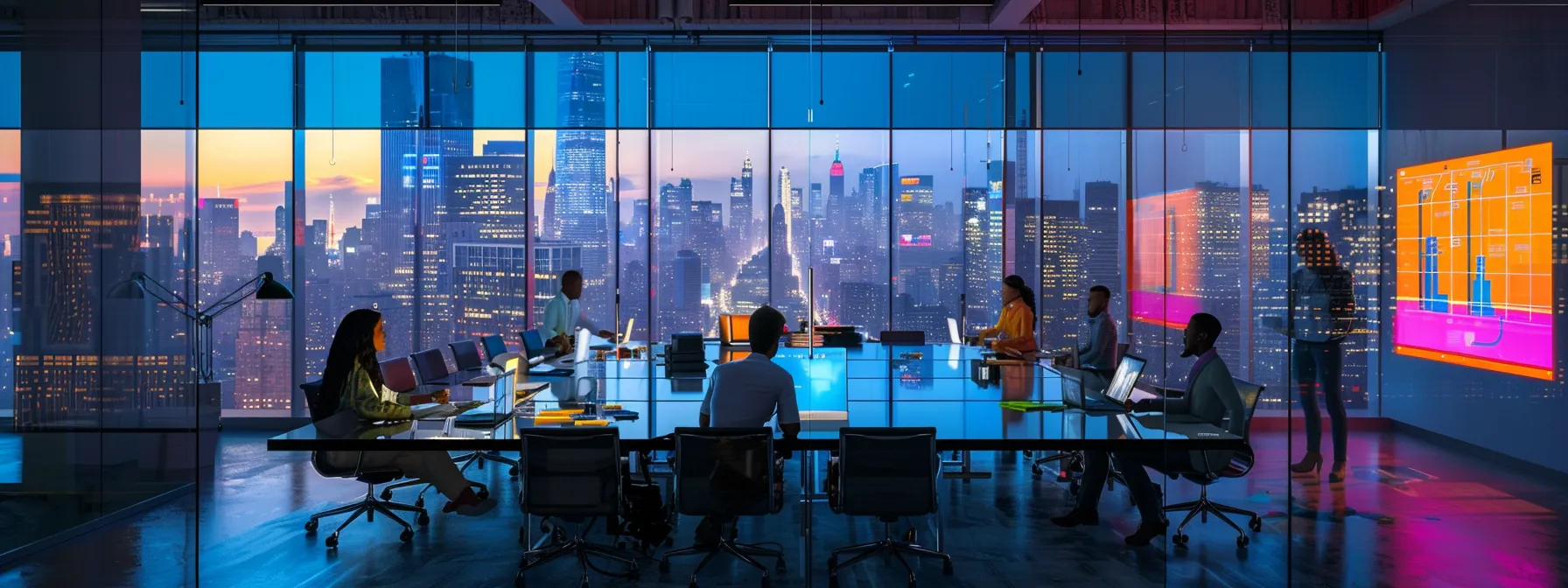 What Is Machine Learning? Definitions and Key Examples 10 a sleek, modern office space is illuminated by vibrant, warm lighting, showcasing a collaborative team engaged in a dynamic brainstorming session around a large glass table strewn with colorful digital devices and innovative design sketches.