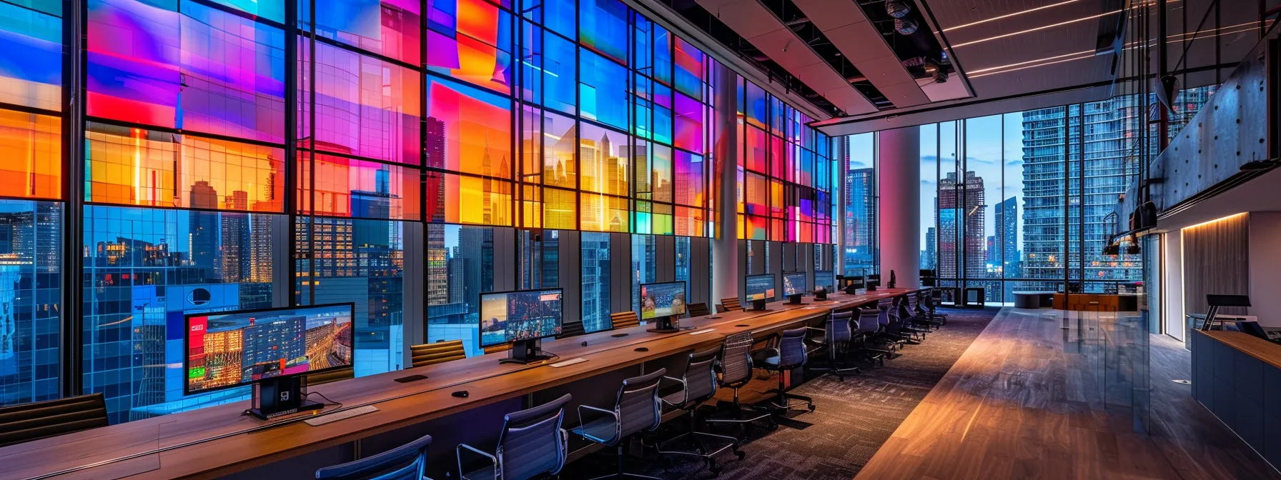 a sleek, modern office space with a large glass window revealing a bustling city skyline, filled with vibrant colors and a dynamic atmosphere, exuding a sense of innovation and professionalism.