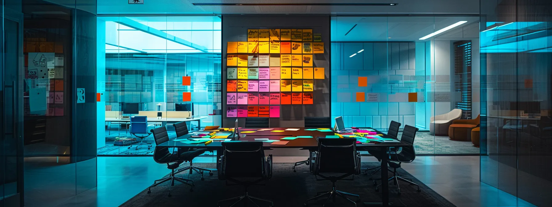 Essential Steps in a Comprehensive Test Automation Guide 9 a sleek, modern office space is illuminated by crisp, artificial lighting, showcasing a vibrant brainstorming session with colorful sticky notes plastered on glass walls and a large digital screen displaying innovative ideas.