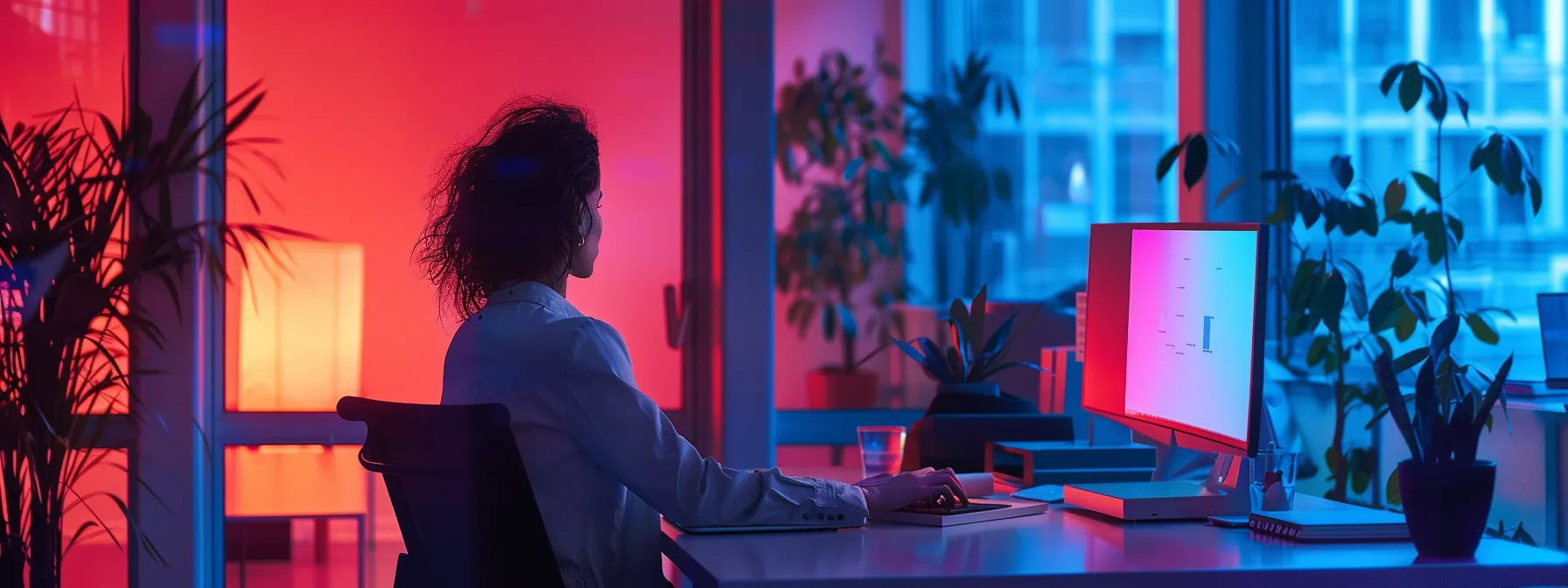What Is Machine Learning? Definitions and Key Examples 14 a sleek, modern office space is illuminated by ambient lighting, showcasing a confident professional engaged in a vibrant digital presentation on a high-tech monitor, emphasizing innovation and collaboration.