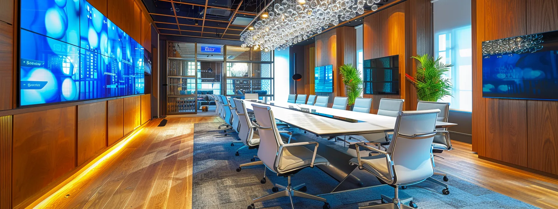 What Is a Build Server? A Simple Overview 13 a sleek, modern office space features a large conference table surrounded by high-backed chairs, illuminated by an elegant chandelier, showcasing a collaborative atmosphere filled with digital screens and vibrant presentation materials.