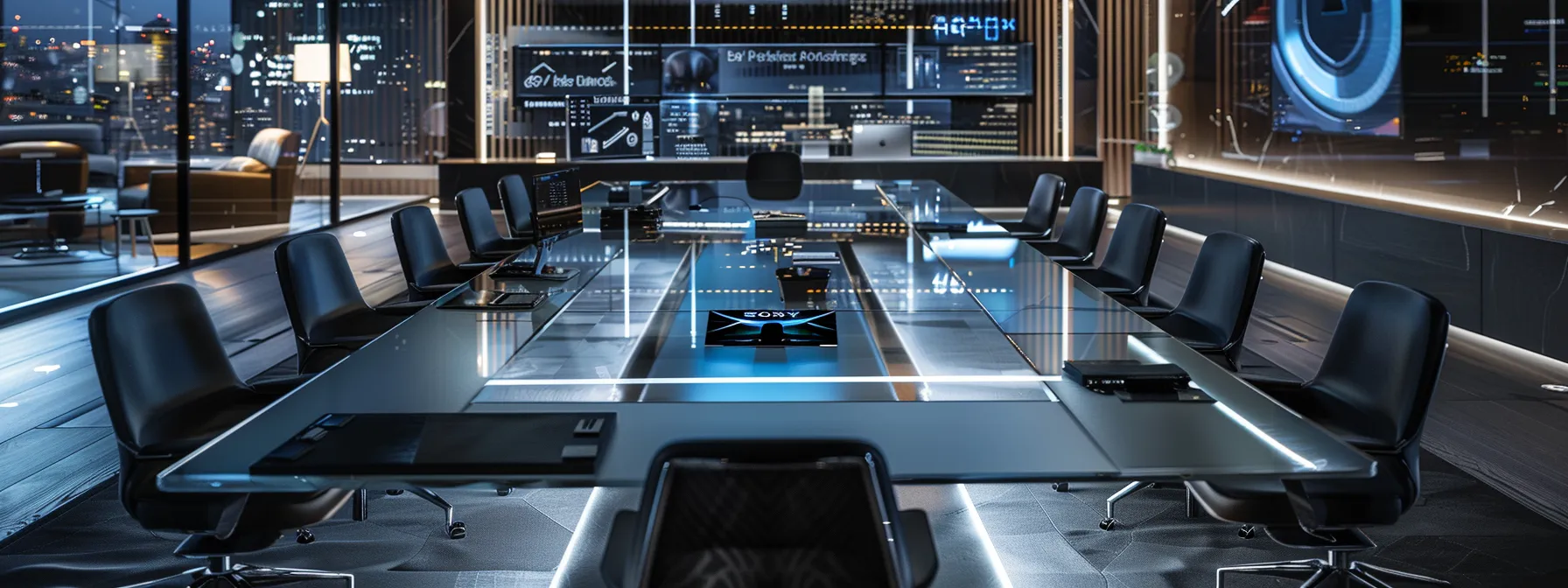 Understanding RPA: Your Guide to Robotic Process Automation 9 Sleek modern conference room with a glass table, ergonomic black chairs, and digital displays, emphasizing advanced technology and RPA automation benefits for businesses.