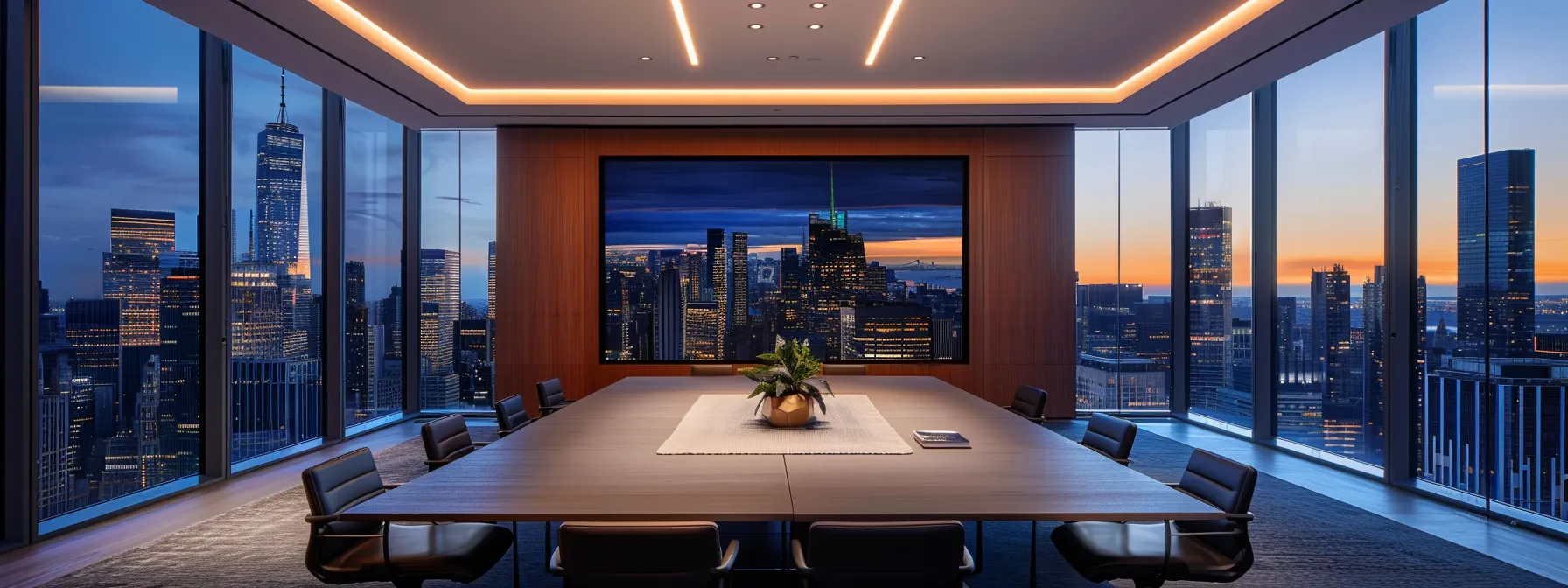 a sleek, modern office space features a spacious conference table set for a high-stakes business meeting, illuminated by dramatic overhead lighting that enhances the vibrant colors of the city skyline visible through expansive glass windows.