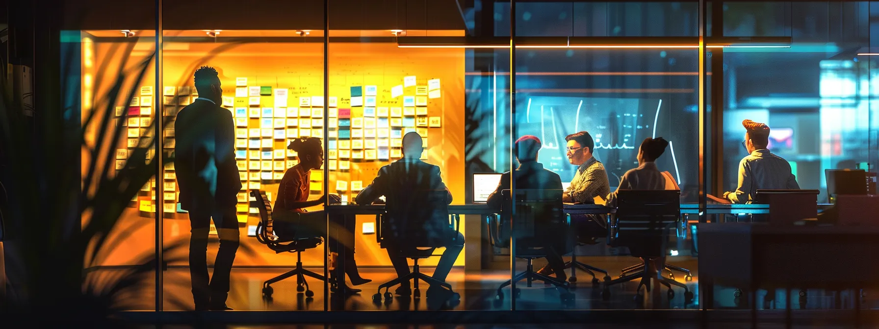 Understanding What Is Brand Recognition and Its Impact 10 a sleek, modern office space showcases a dynamic brainstorming session, with vibrant sticky notes on a glass wall and a diverse group of professionals engaged in animated discussion around a polished conference table, illuminated by warm, ambient lighting.