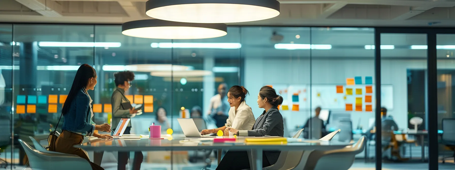 Understanding RPA: Your Guide to Robotic Process Automation 11 a sleek, modern office space features a glossy conference table illuminated by dynamic overhead lighting, where diverse professionals engage in a lively brainstorming session with digital devices and colorful post-it notes scattered around.