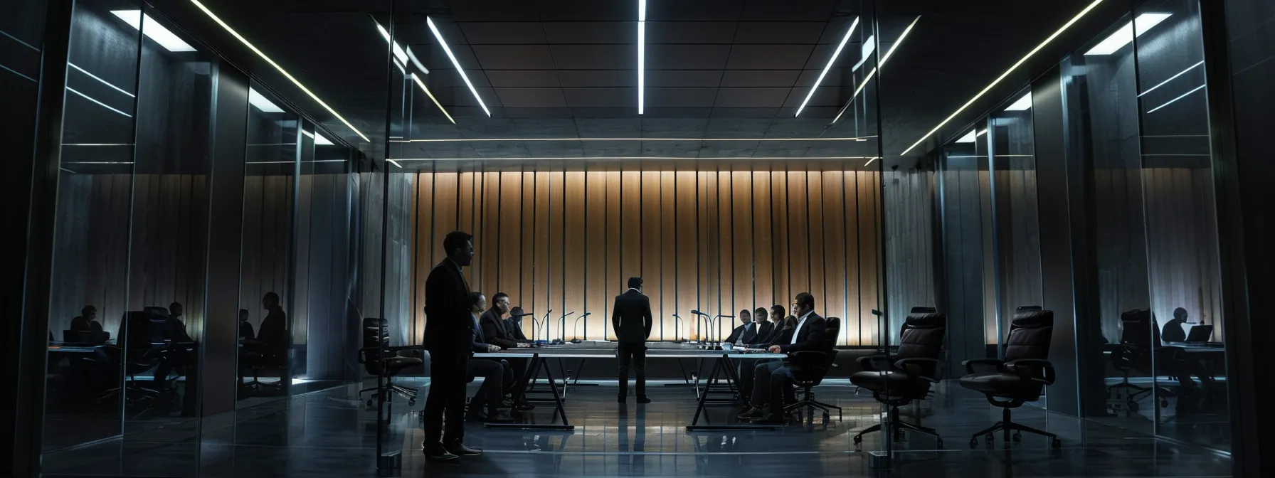 Learn What Is a Block Cipher and Its Applications 16 a sleek, modern office space features an imposing glass conference table at the center, illuminated by dramatic overhead lighting that highlights a focused group of professionals engaged in a dynamic brainstorming session.