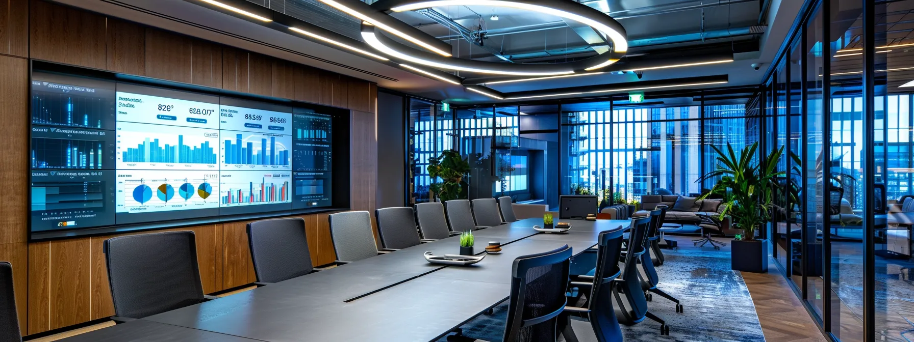 What Is the Bullwhip Effect? A Guide for Professionals 9 a sleek, modern office space showcases a futuristic conference room with a large digital screen displaying vibrant data visualizations, illuminated by striking overhead lighting that enhances the professional atmosphere.