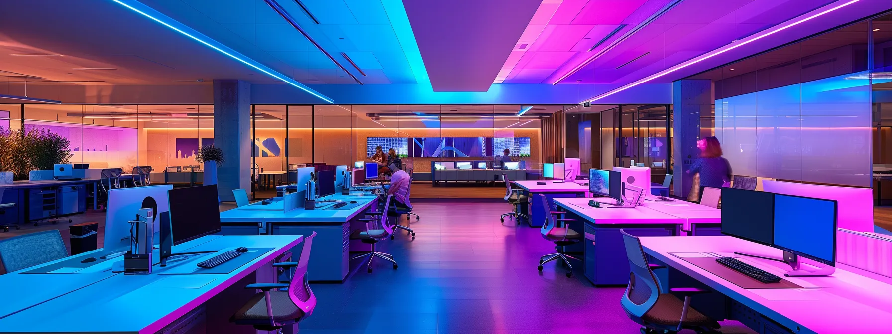 Unpacking What Is Business Process Modeling for Businesses 12 a sleek, modern office space illuminated by vibrant artificial lighting showcases an innovative team engaged in a dynamic brainstorming session, surrounded by high-tech gadgets and collaborative workstations.