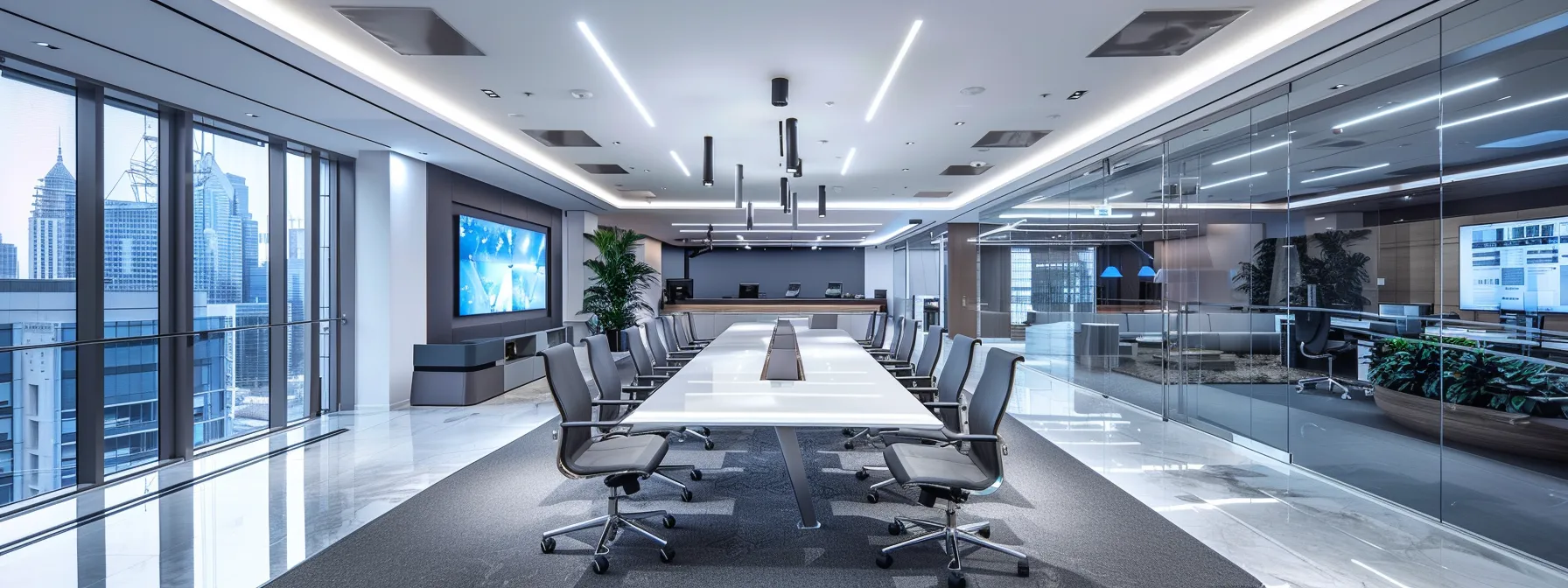 a sleek, modern office space gleams under bright, overhead lights, showcasing a central conference table adorned with high-tech equipment, emphasizing collaboration and innovation in a dynamic business environment.