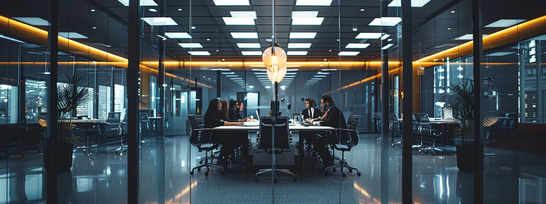 What Is a Build Server? A Simple Overview 9 a sleek, modern office space filled with dynamic individuals engaged in animated discussions around a large conference table, illuminated by bright overhead lights reflecting off polished surfaces.