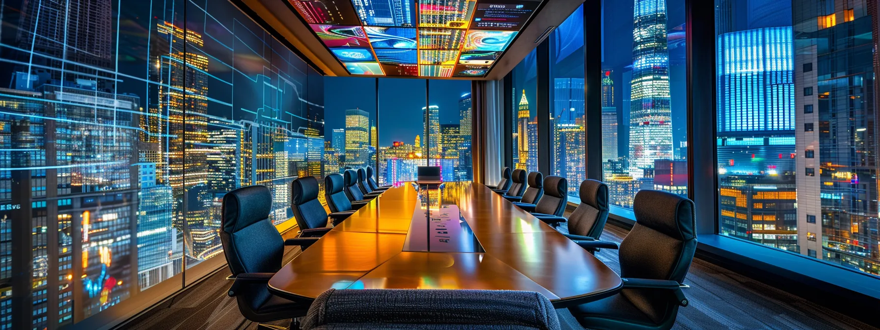 a sleek, modern office with a panoramic city skyline view, featuring a contemporary conference table surrounded by high-back chairs and vibrant digital screens displaying engaging data visualizations.