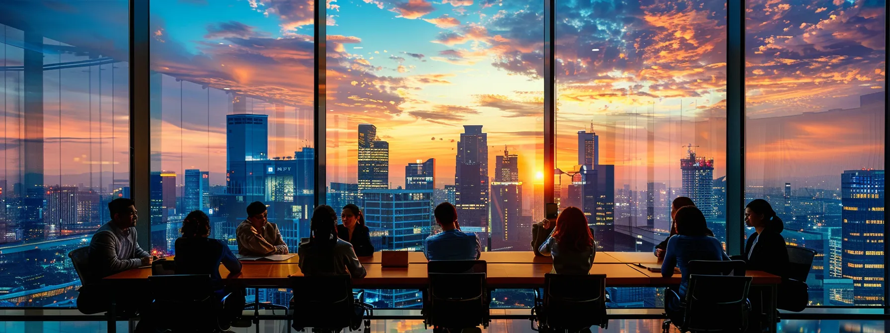What Is Business Sustainability and Its Importance? 14 a sleek, modern office with a panoramic view of a vibrant city skyline, bathed in warm ambient lighting, where a diverse group of professionals engage in dynamic discussions around a polished conference table.