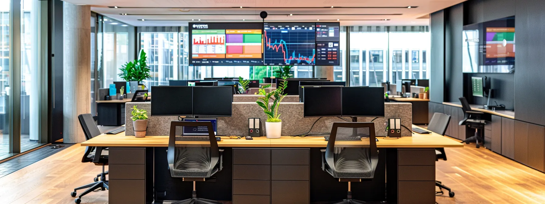 a sleek, modern office with vibrant digital screens displaying dynamic data trends against a backdrop of polished wooden desks and contemporary furniture creates an engaging atmosphere of innovation and productivity.