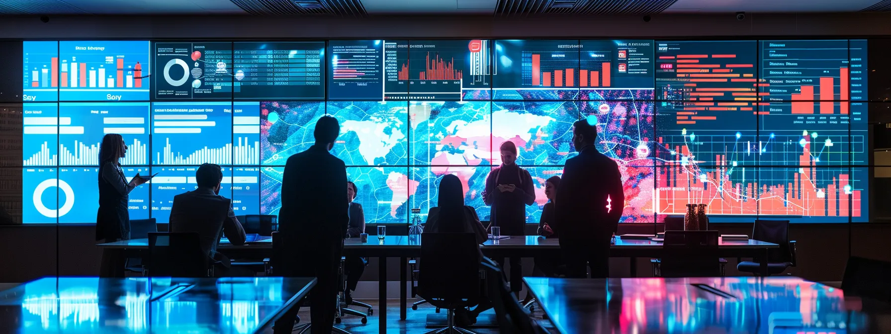a sleek, modern office with vibrant, illuminated screens displaying complex data visuals, where professionals in tailored attire engage in dynamic discussions around a glossy conference table.