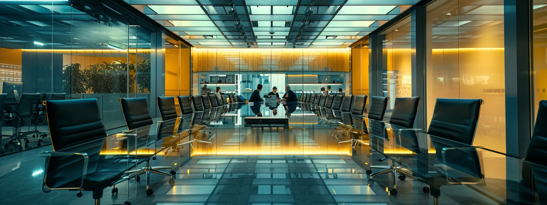 Understanding What a Business Intelligence Dashboard Is 10 a sleek, modern office with a large glass conference table surrounded by high-backed chairs, illuminated by warm overhead lighting, showcasing a diverse group of professionals engaged in a dynamic brainstorming session.