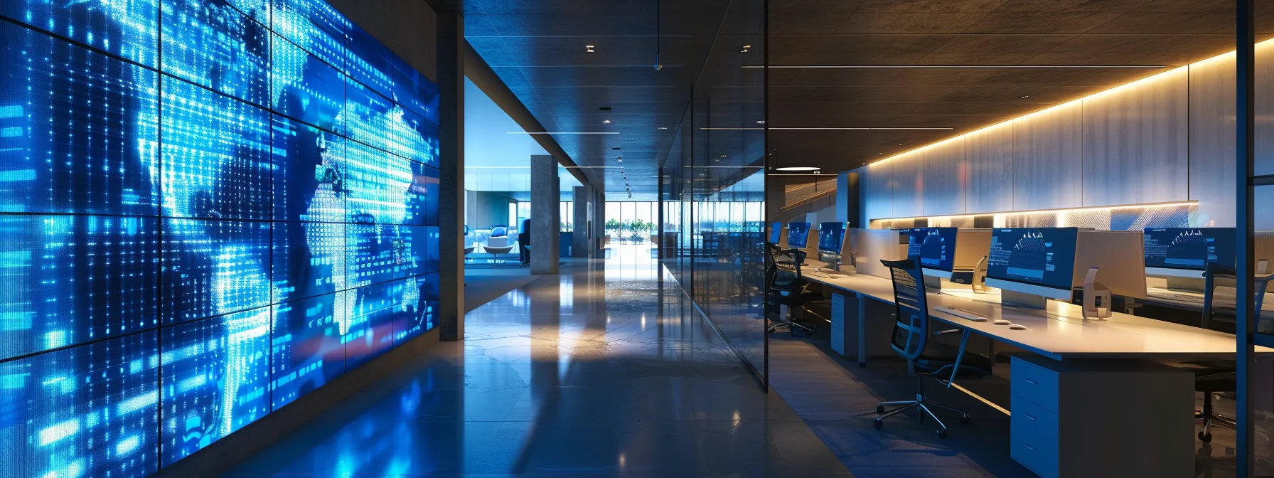a sleek, modern office workspace features a futuristic digital display showcasing innovative technology, illuminated by vibrant led lights creating an energetic atmosphere.
