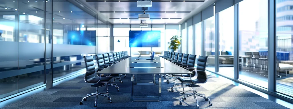 a sleek, modern office workspace, featuring a polished conference table surrounded by contemporary chairs and vibrant digital screens, conveys a dynamic atmosphere of collaboration and innovation.