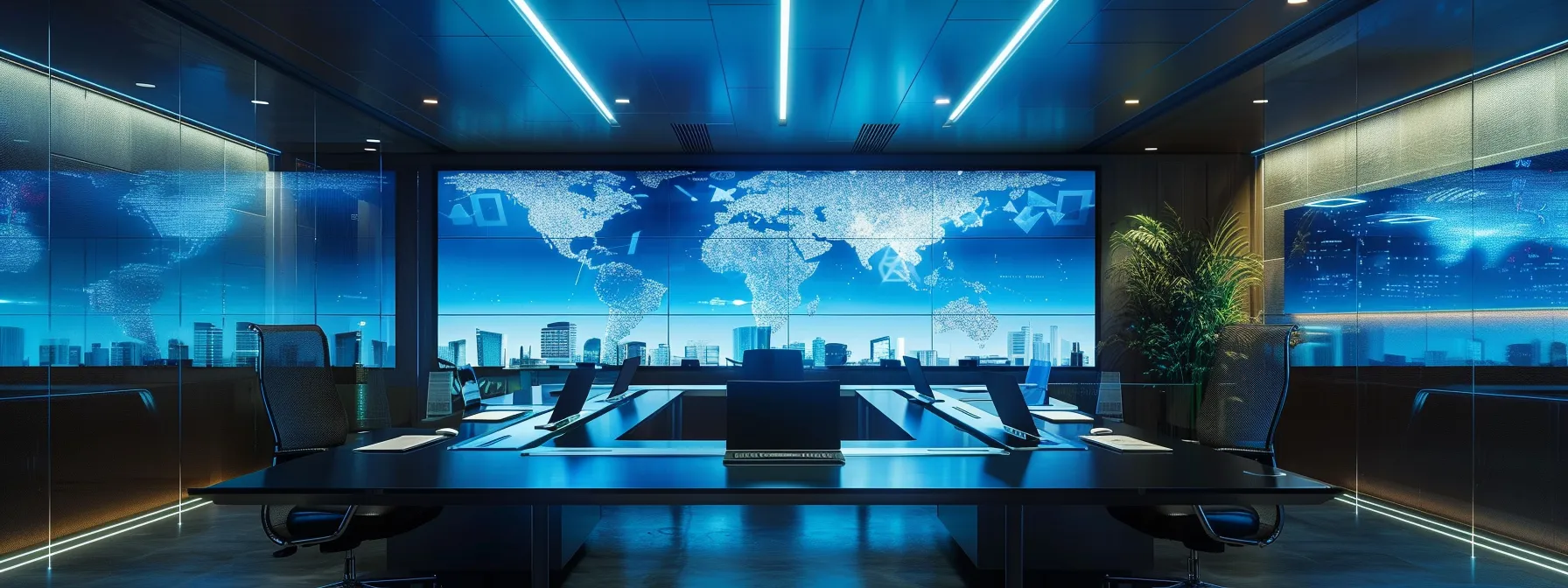 Understanding What Is Brand Recognition and Its Impact 14 a sleek, modern office workspace features a polished conference table illuminated by dynamic overhead lighting, showcasing a high-tech laptop and vibrant digital presentations on sleek screens, emphasizing innovation and collaboration.