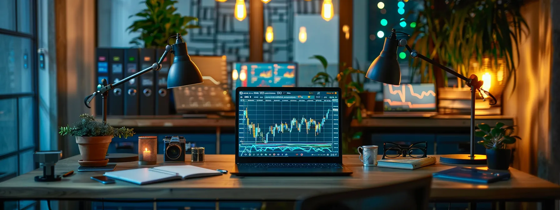 The Impact of IT Thought Leaders on the Future Workplace 11 a sleek, modern office workspace is illuminated by warm, ambient lighting, showcasing an open laptop on a minimalist desk, surrounded by high-tech gadgets and vibrant charts displayed on a large screen, embodying a dynamic environment of innovation and productivity.