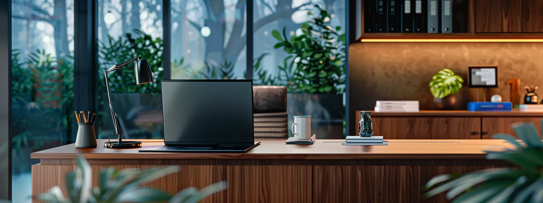 What Is Machine Learning? Definitions and Key Examples 12 a sleek, modern office workspace featuring a polished mahogany desk, a high-end laptop open displaying innovative software, and ambient led lighting casting a professional glow across the minimalist decor.