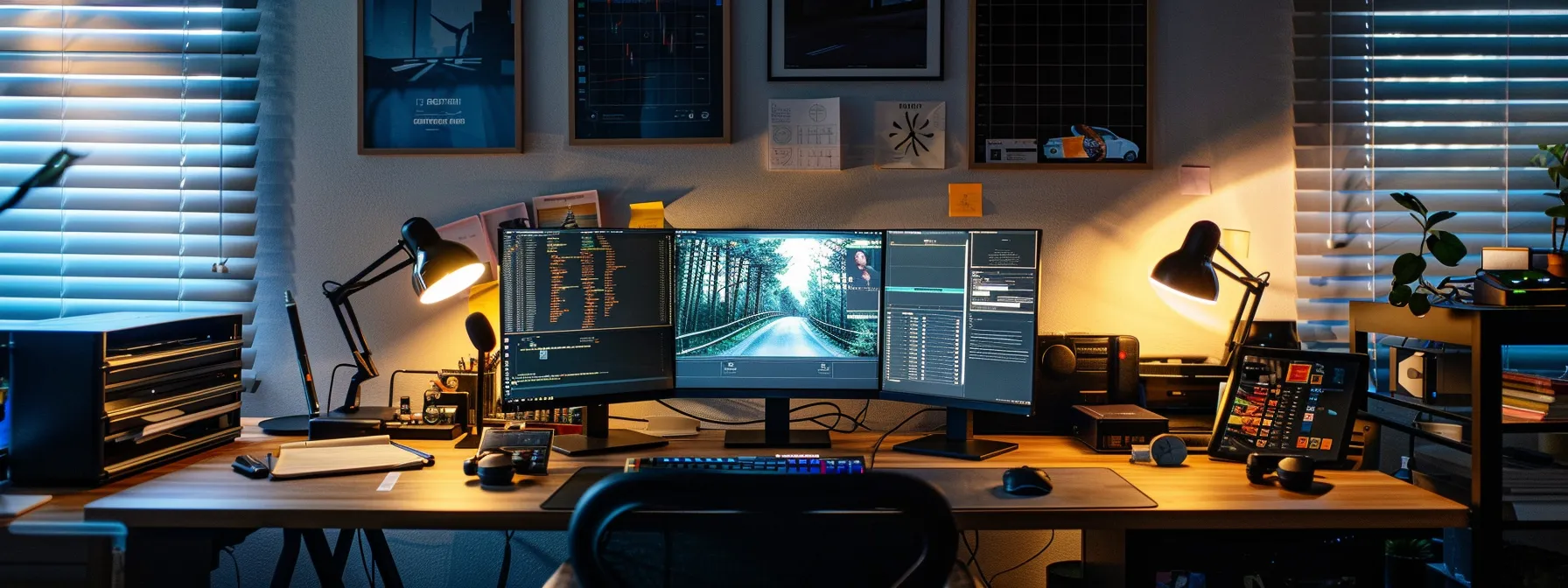 The Impact of IT Thought Leaders on the Future Workplace 12 a sleek, modern office workspace featuring an organized desk with cutting-edge technology, illuminated by sharp, overhead lighting, embodying an atmosphere of productivity and innovation.