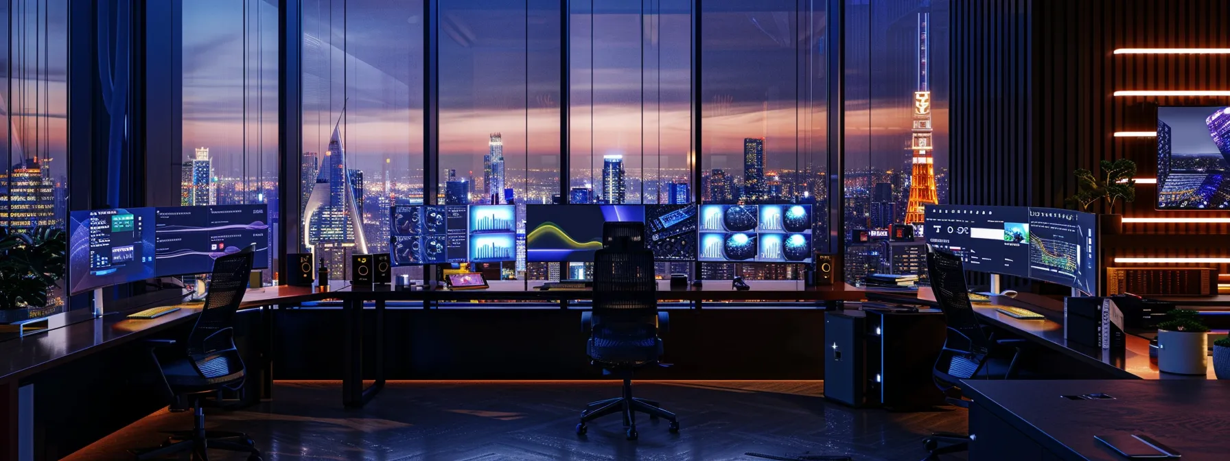 5 Powerful Benefits of Virtual Desktop Infrastructure (VDI) for Modern Businesses 12 a sleek, modern workspace showcases multiple monitors displaying virtual desktop interfaces, illuminated by soft, ambient lighting, with a futuristic cityscape visible through large windows, symbolizing the challenges and opportunities of implementing virtual desktop infrastructure in a dispersed workforce.