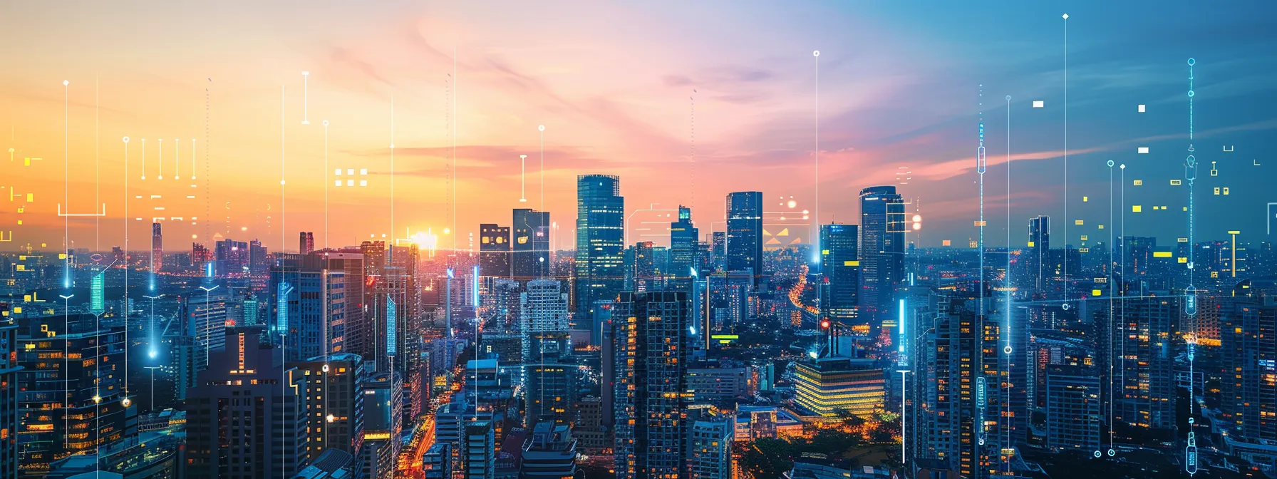 Mastering the MSP Business Model: A Practical Guide 14 a vibrant city skyline at dusk, symbolizing growth and expansion, with dynamic arrows and abstract technology motifs interwoven, representing diverse strategies for msp business development.