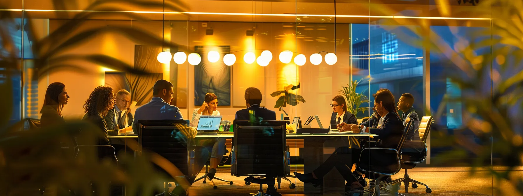 Understanding What a Business Intelligence Dashboard Is 14 a vibrant office scene filled with diverse professionals engaged in dynamic brainstorming around a sleek glass conference table, illuminated by modern lighting, emphasizing collaboration and innovation.