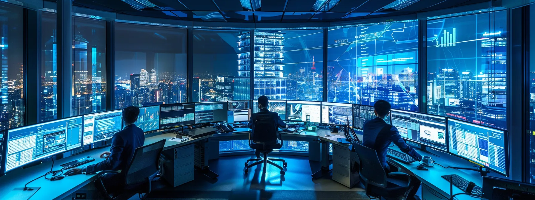 Learn What Is a Block Cipher and Its Applications 12 a vibrant urban office filled with modern technology, featuring sleek desks and focused professionals engaged in dynamic collaboration under sharp, fluorescent lighting.