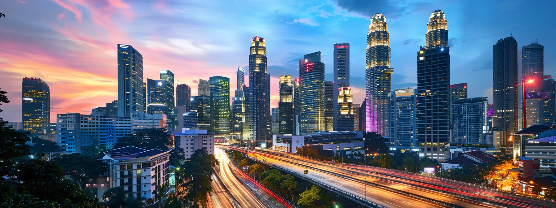 a vibrant urban skyline at dusk, showcasing sleek skyscrapers illuminated by colorful city lights, with a bustling street below filled with diverse pedestrians and vehicles, encapsulating the energy of a modern metropolis.