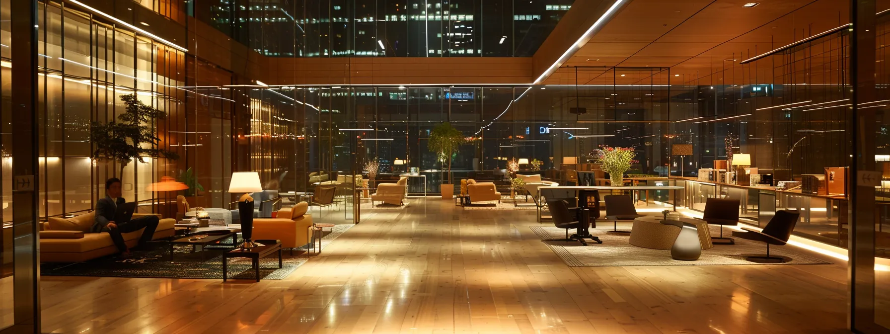 Understanding What a Business Intelligence Dashboard Is 15 an elegantly designed modern office space, featuring sleek glass walls and minimalistic furniture, where a diverse group of professionals engages in a dynamic brainstorming session, illuminated by soft artificial lighting.