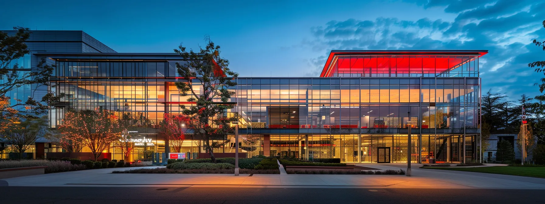 The Impact of IT Thought Leaders on the Future Workplace 13 a sleek, modern office skyline at dusk, with vibrant reflections in the glass façade highlighting the dynamic energy of an innovative corporate environment.