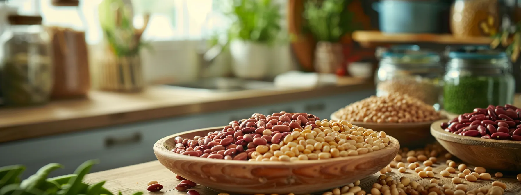 What is Bean? 15 a close-up view of an elegantly styled wooden table in a modern kitchen, showcasing an array of vibrant bean varieties, including lablab and baked beans, artfully arranged with informative notes on their nutritional benefits and allergenic considerations.